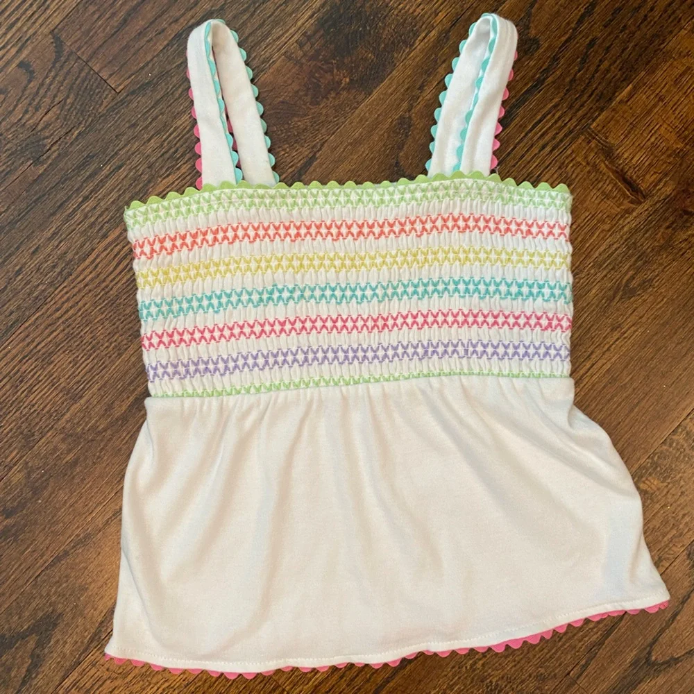 Gymboree- cotton Smocked White Tank Top Pastel Rainbow Stripe Accents girls 5T